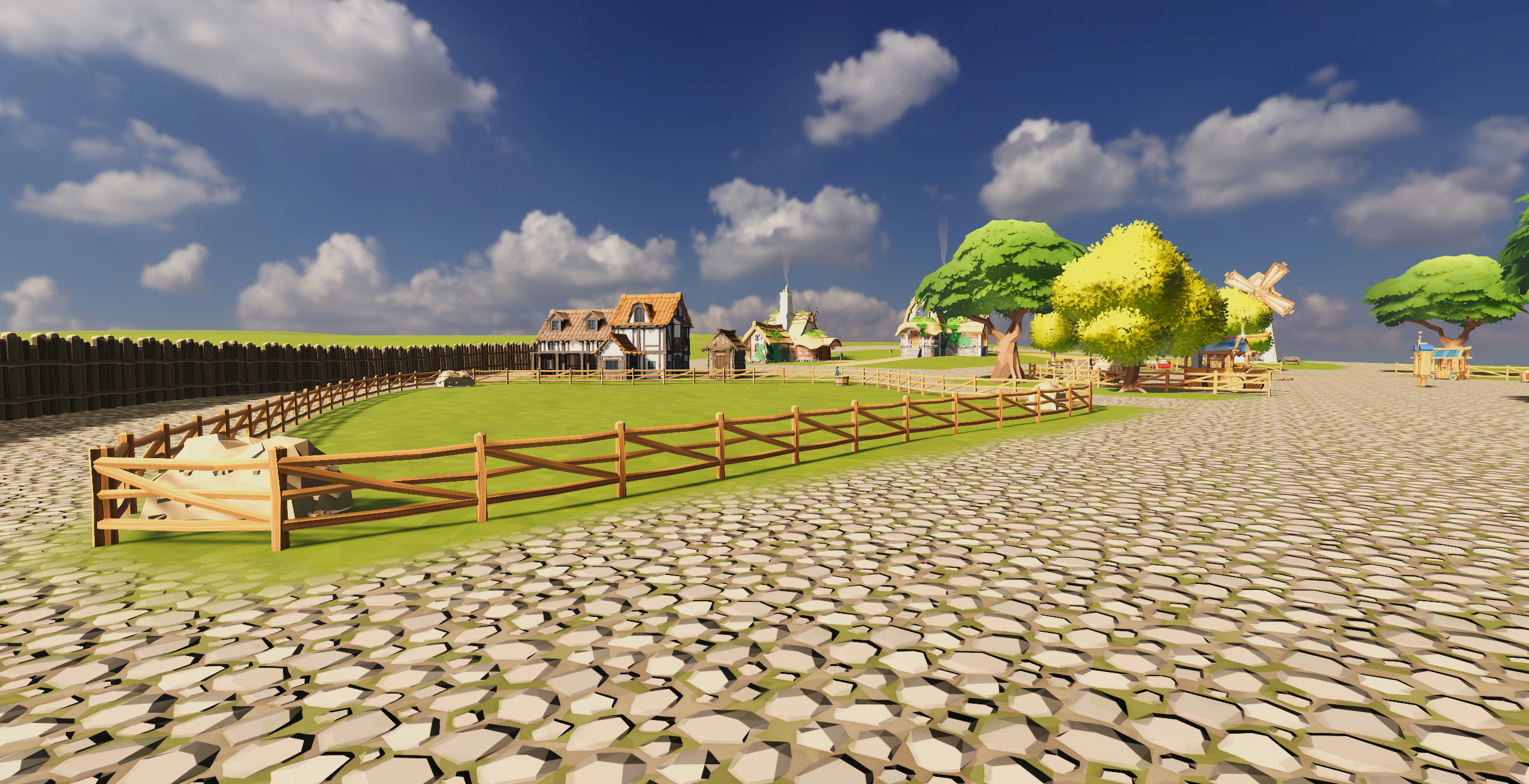 A countryside farm with fences and trees in Umbral Adventures