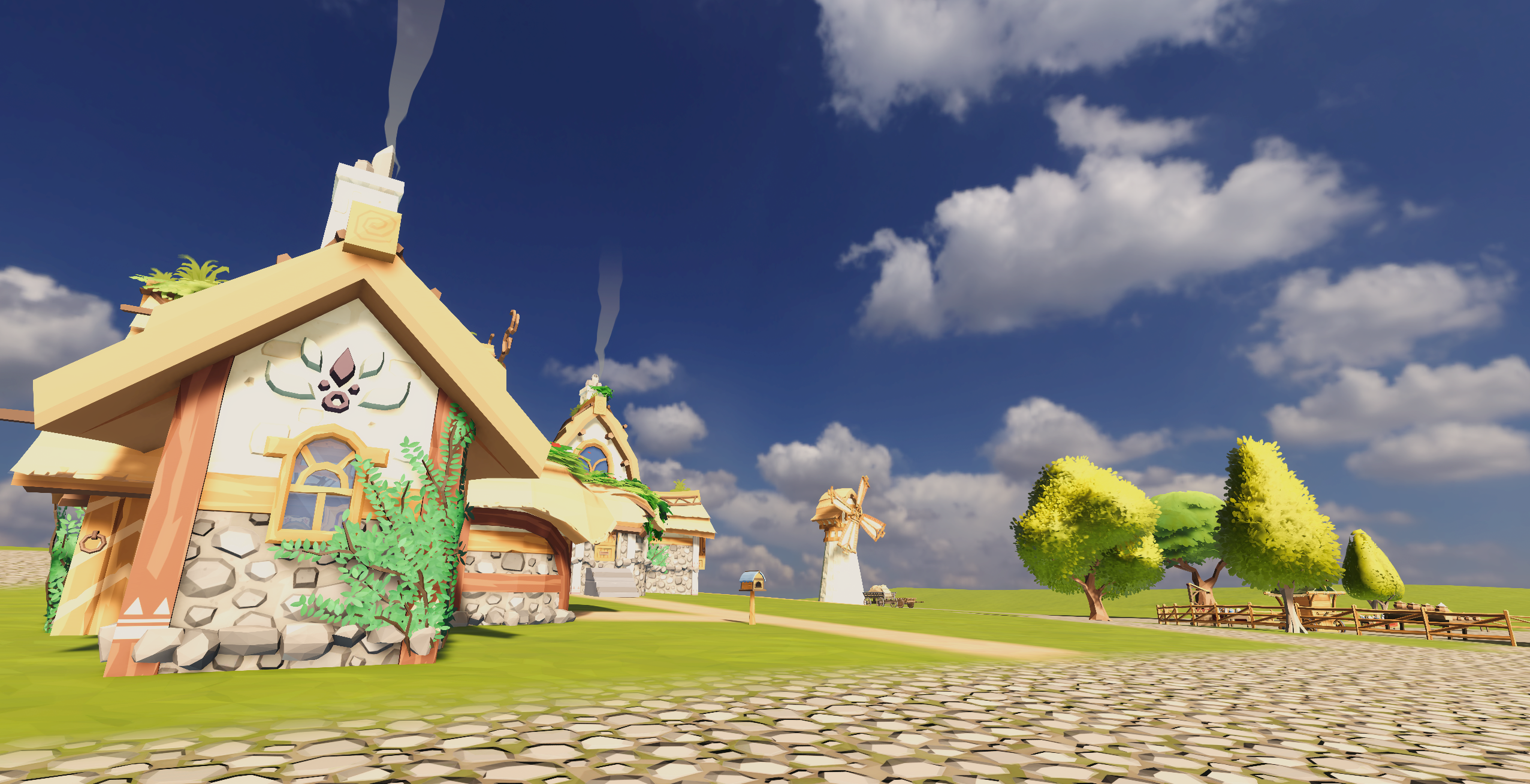 Low-poly village with cottage and windmill in Umbral Adventures